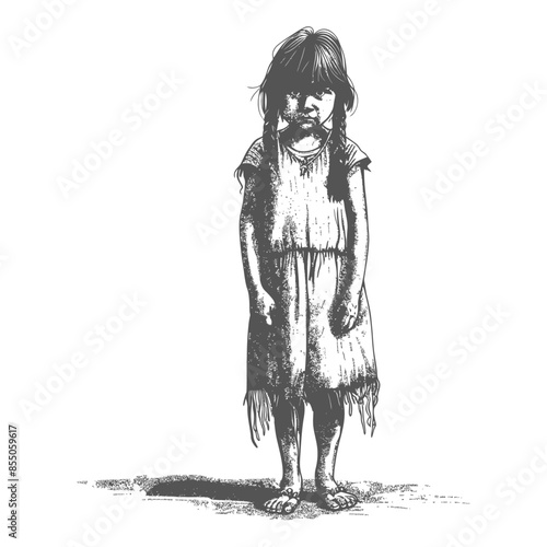 Pensive Girl with Braids, Tattered Dress, Sketch Illustration, Isolated on White