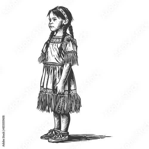 Sketch of a young Native American girl in traditional dress, standing sideways.