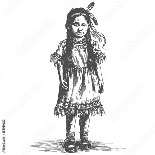 Native American Girl in Traditional Dress, Vintage Engraving Style, Full Body Illustration