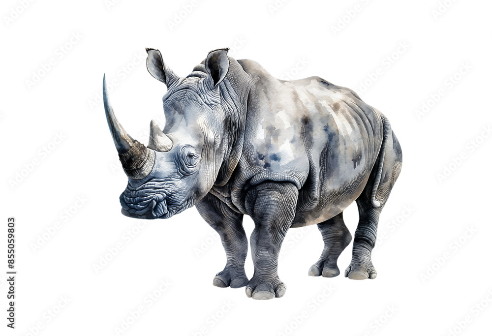 Fototapeta premium Rhinoceros. Watercolor illustration style. Isolated on a bright white background. Creative and conceptual wildlife animal art. 