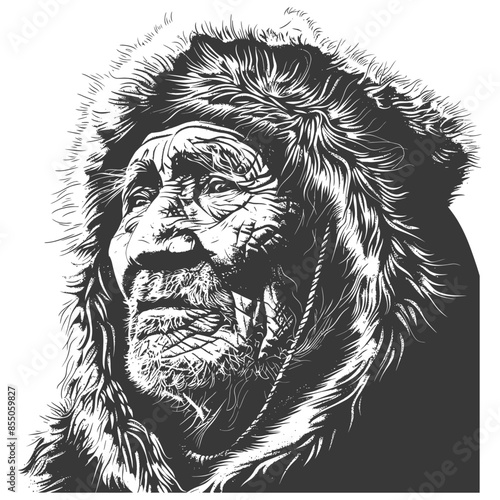 Eskimo Elder: Graphic Portrait of Wisdom & Fur, Black & White.