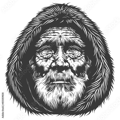 Fur-Hooded Elder: Intricate Engraving of a Weathered Face and Wise Eyes