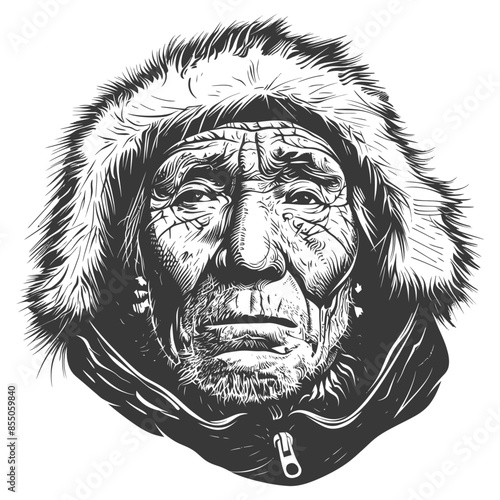 Fur-Hooded Elder: Etched Lines of Wisdom, Monochrome Vector Portrait