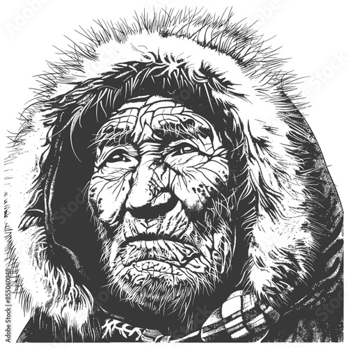 Eskimo Elder: Intricate Line Art Portrait of Wisdom and Fur-Hooded Warmth