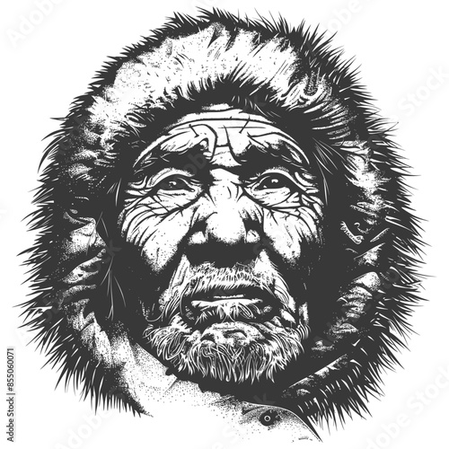 Eskimo Elder: Detailed Ink Drawing in Fur Hood, Vintage Style.