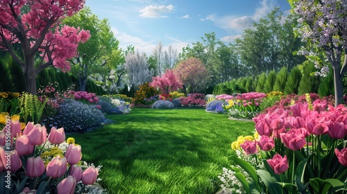 beautiful spring garden with vibrant flowers and lush lawn idyllic backyard 3d illustration #855060097