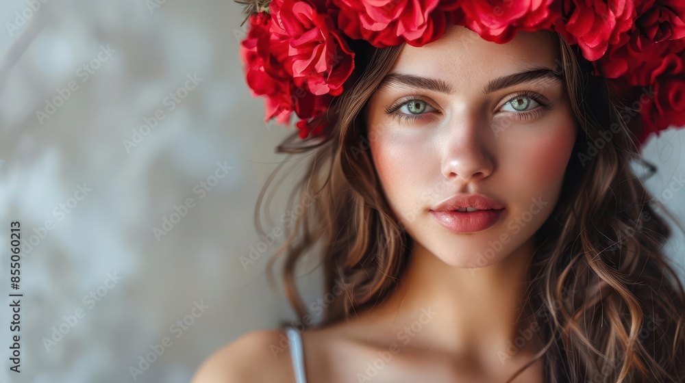 beautiful woman with red flower headband feminine floral accessory portrait beautiful woman with red flower headband feminine floral accessory portrait