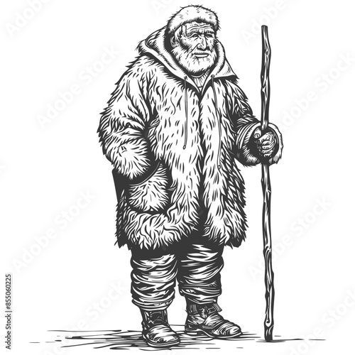 Engraved Bearded Man in Fur Coat Holding Walking Stick, Isolated Vintage Style Illustration