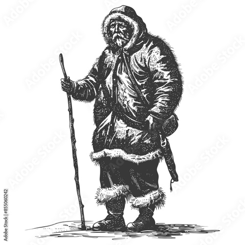 Eskimo Man, Fur-Lined Parka, Walking Stick, Monochrome Illustration, Vintage Style.