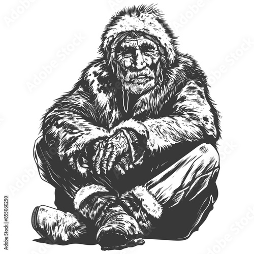 Eskimo Elder: Fur-Clad Figure, Textured Illustration, Solitude.