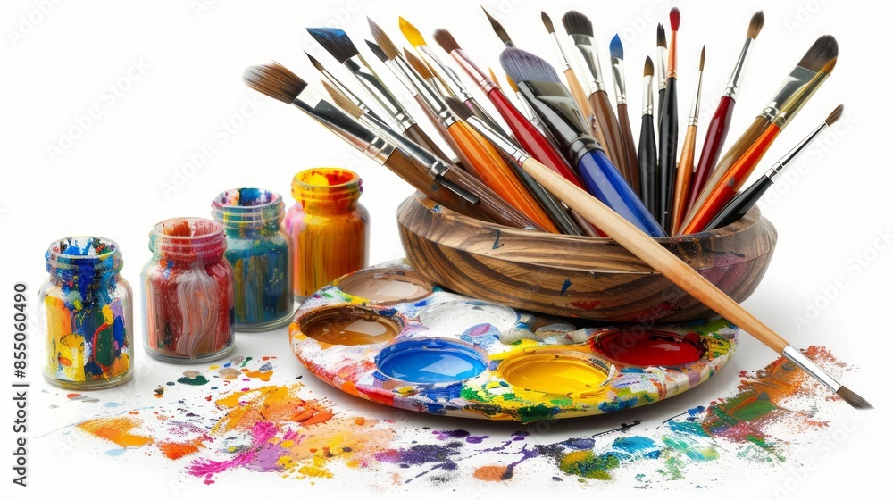 Fototapeta premium Colorful Art Studio: Assorted Brushes, Paints, and Palette