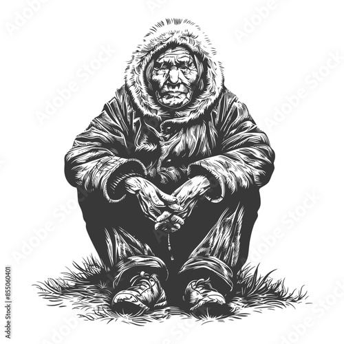Elder Inuit: Fur Hooded, Squatting Figure in Detailed Engraving Style