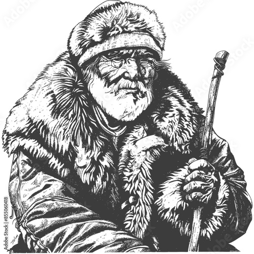 Elders Wisdom: Grizzled Man in Fur, Holding Walking Stick, Ink Sketch.