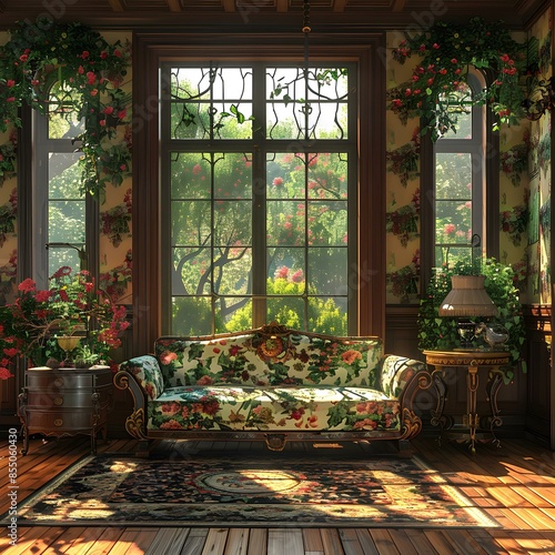 Elegant vintage interior with floral sofa and sunny window