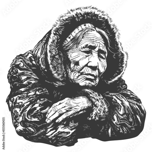 Eskimo Elder Woman, Fur Hood, Wrinkled Face, Hands Crossed, Ink Drawing Portrait, Isolated.