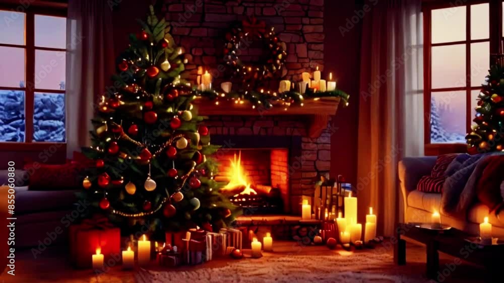 cozy room interior with christmas tree and candles and fireplace, christmas decoration, seamless loop, 4k Merry Christmas background cozy room interior with christmas tree and candles and fireplace, christmas decoration, seamless loop, 4k Merry Christmas background