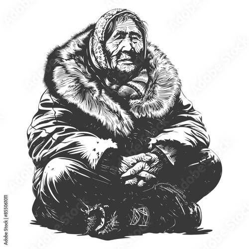 Elderly Woman in Fur, Cross-Legged, Detailed Sketch Illustration