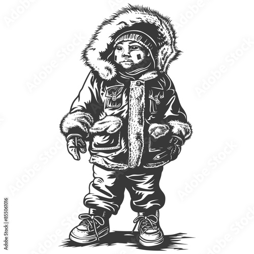 Eskimo Child Vector: Fur-Hooded Winter Gear, Monochrome Engraving.