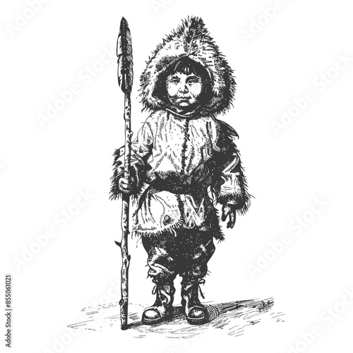 Eskimo Child with Spear, Vintage Engraving.