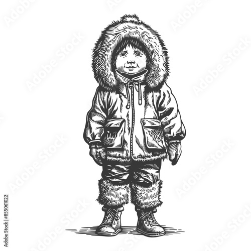 Eskimo Child: Vintage Engraving of Fur-Hooded Winter Outfit.