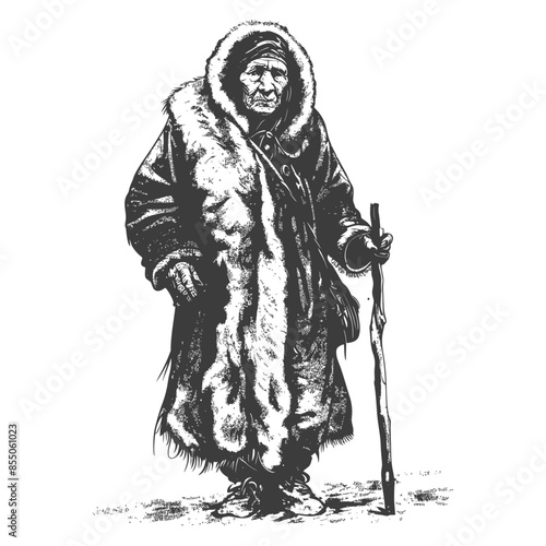 Engraved Elder: Arctic Woman in Fur, Walking Stick, Traditional Dress, Vintage Illustration