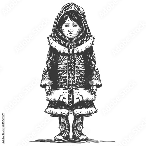 Pensive Inuit Child: Traditional Fur-Trimmed Winter Garb, Detailed Engraving Style.