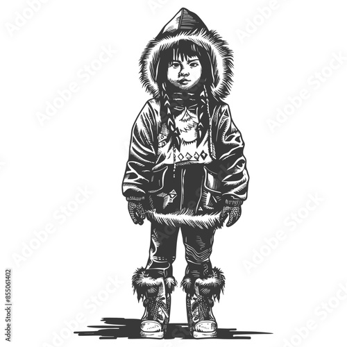 Inuit Child in Fur-Trimmed Parka: Vintage Sketch Illustration