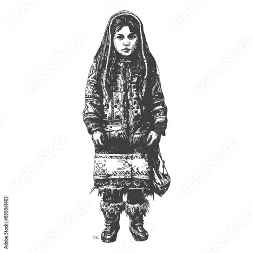 Eskimo Girl in Traditional Winter Dress, Engraving Style.