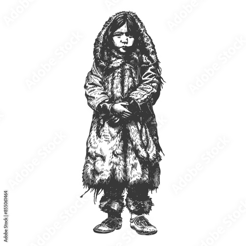 Eskimo Child, Fur Coat, Engraving Style, Vintage Illustration, Isolated.