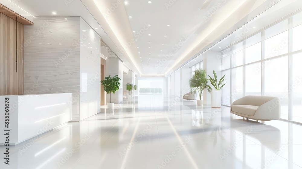 Fototapeta premium blurred white office building interior with empty lobby healthcare clinic watercolor