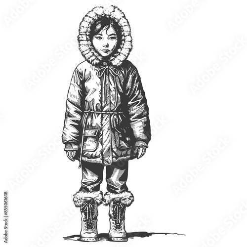 Eskimo Girl Sketch: Fur-Hooded Child in Winter Gear, Engraved Style Portrait.