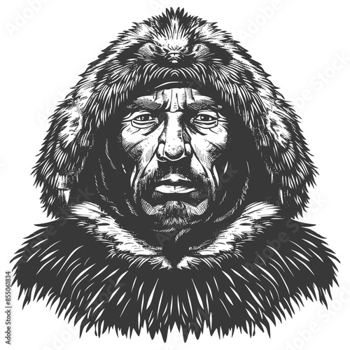 Grizzled Hunter: Fur Hood, Stern Portrait, Vector Illustration.