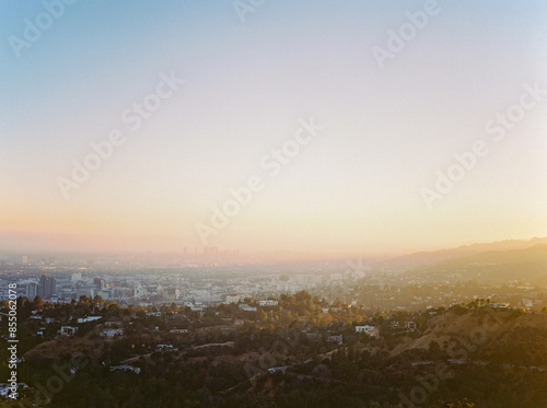 Horizontal Image of Downtown Los Angeles and Hills at Sunset