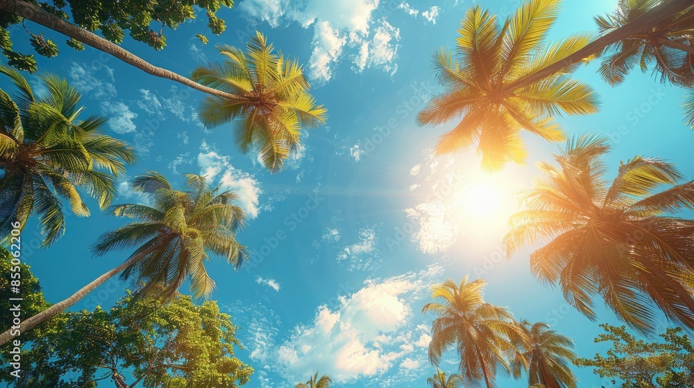 A sunny tropical background with palm trees and a blue sky. A view from below,