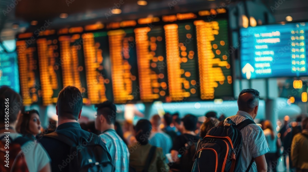 busy airport terminal with crowded waiting area and delayed flights on departures board busy airport terminal with crowded waiting area and delayed flights on departures board
