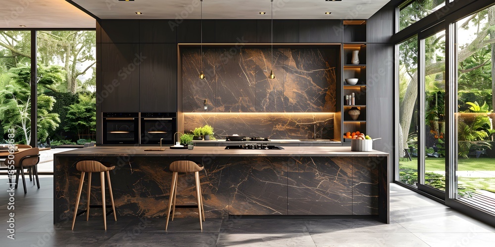 Modern kitchen interior design with marble countertops and wood cabinets Modern kitchen interior design with marble countertops and wood cabinets
