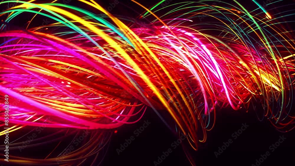 A mesmerizing visual of fiber optic cables illuminated with vibrant colors and flowing in a smooth, wave-like motion. Witness the beauty and power of modern communication technology. A mesmerizing visual of fiber optic cables illuminated with vibrant colors and flowing in a smooth, wave-like motion. Witness the beauty and power of modern communication technology.
