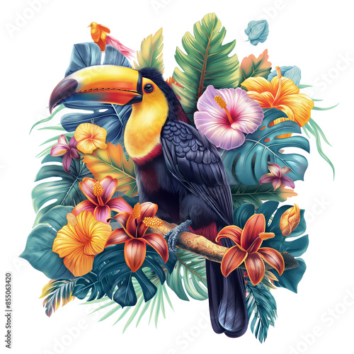 July flowers are colorful tropical flowers with two beautiful Knobbed Hornbills sitting on a branch in the forest,tropical flowers, orchids, anthuriums and  green leave ,isolate  ,cut out. photo