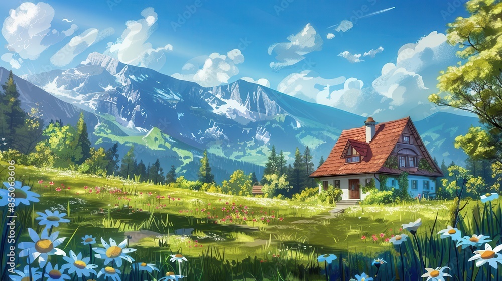 Naklejka premium charming country house with breathtaking mountain view idyllic landscape concept illustration