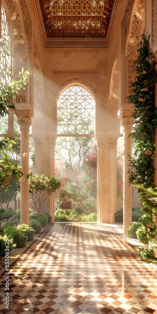 Fototapeta premium Sunlit Moroccan Courtyard with Geometric Tiles