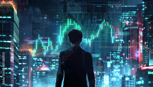 A man stands in front of a city skyline with a large screen displaying a graph by AI generated image