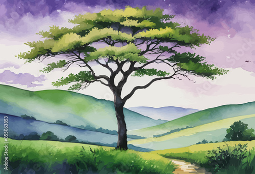 Vivid Landscape: A Tree in a Field with Mountains in the Background, Under a Starry Sky