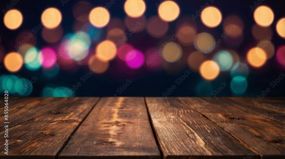 wooden table, blurred boked light background. neon light, close up view. background image of wooden table in front of blurred lights at night for showing products. dark background. wooden table, blurred boked light background. neon light, close up view. background image of wooden table in front of blurred lights at night for showing products. dark background.