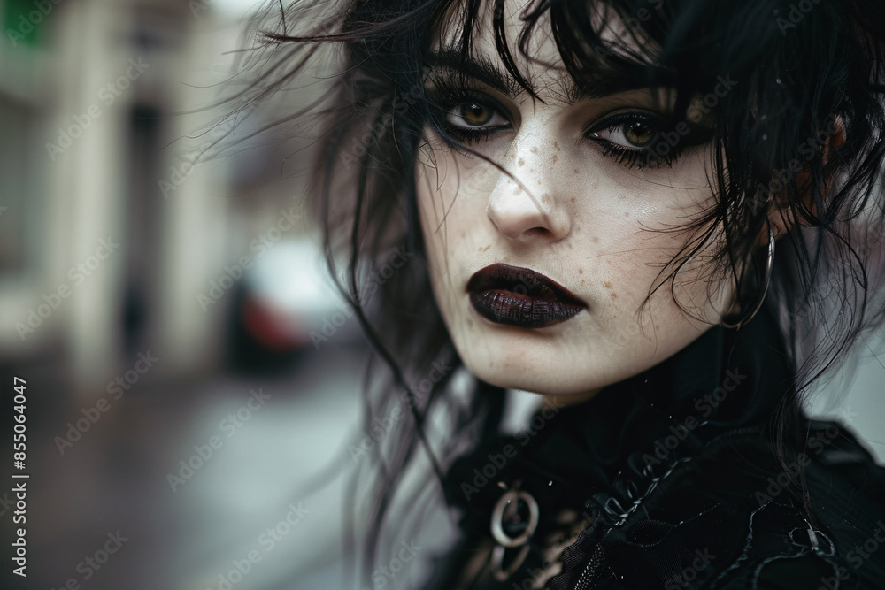 Face of young woman in gothic style and black makeup in street Face of young woman in gothic style and black makeup in street