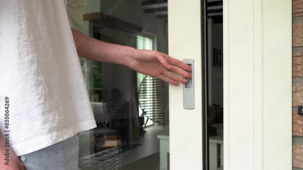 Closing the sliding door of a home. Closing the sliding door of a home.