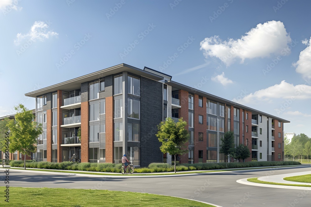 An illustration of a modern apartment building with a cyclist riding past An illustration of a modern apartment building with a cyclist riding past
