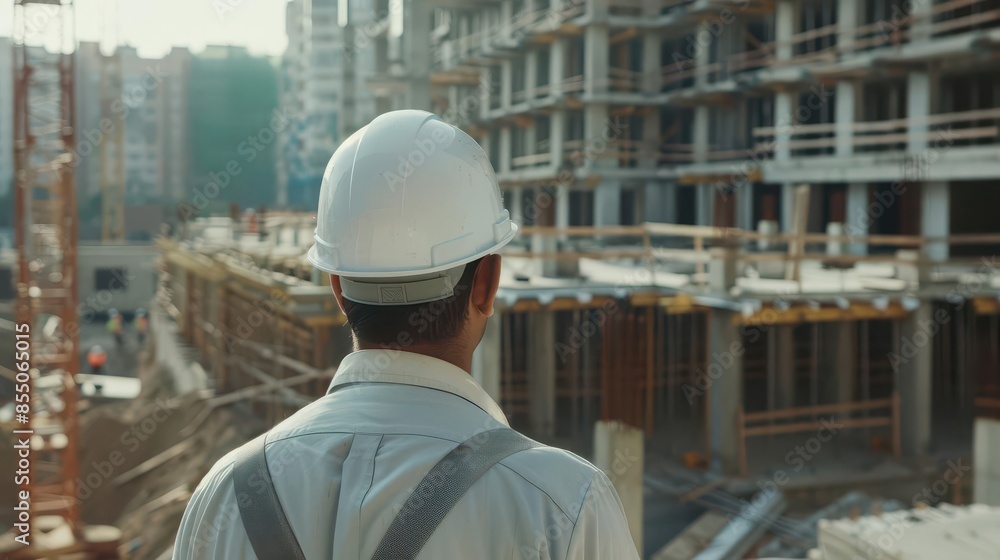 closeup of construction worker in white helmet building site background closeup of construction worker in white helmet building site background
