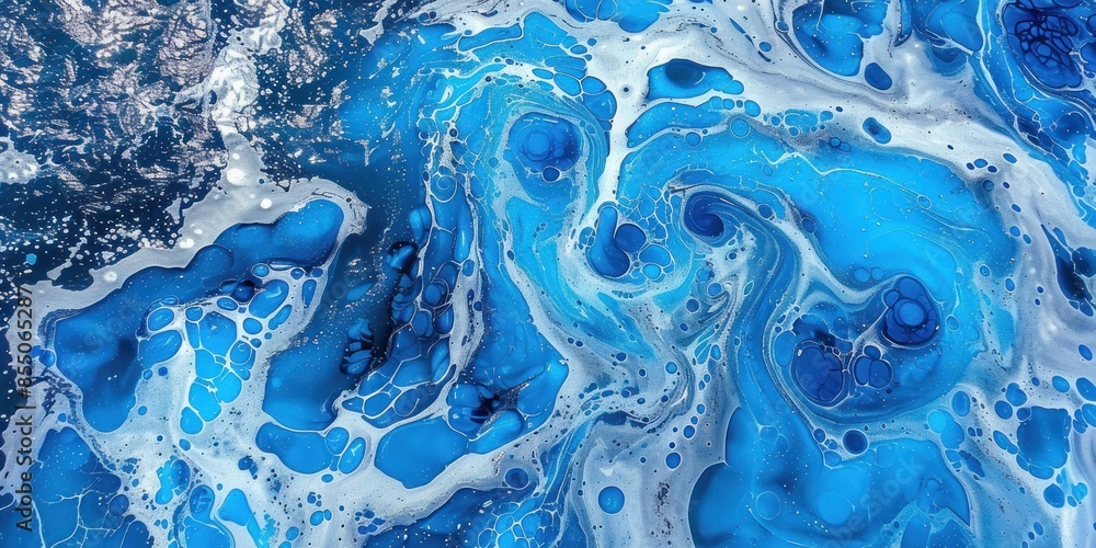 A close-up view of an abstract acrylic painting with swirling patterns in blue and white A close-up view of an abstract acrylic painting with swirling patterns in blue and white