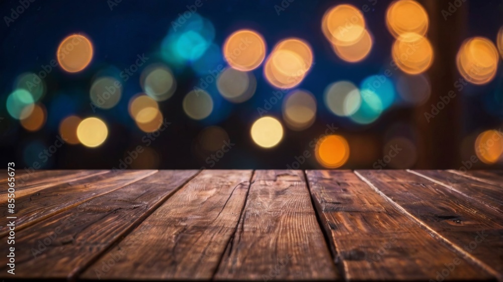 wooden table, blurred boked light background. neon light, close up view. background image of wooden table in front of blurred lights at night for showing products. dark background. wooden table, blurred boked light background. neon light, close up view. background image of wooden table in front of blurred lights at night for showing products. dark background.