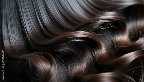 background, macro closeup of dark hair of a beautiful young model in motion. Shampoo conditioner hair product advertisement. isolated on dark background 